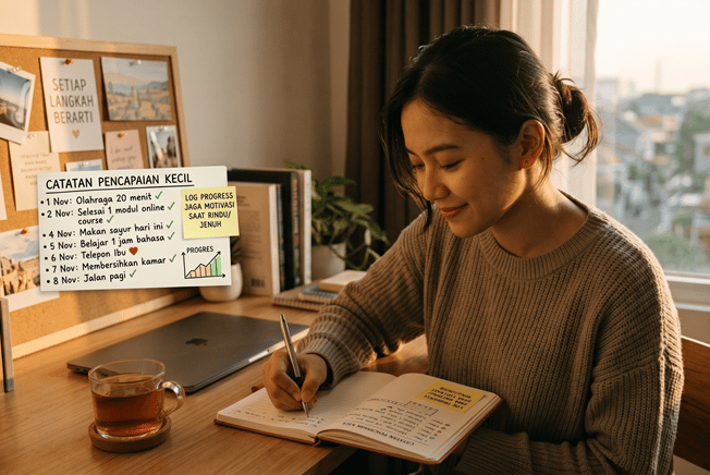 Catat pencapaian kecil. Simpan log progress untuk menjaga motivasi saat rindu atau jenuh